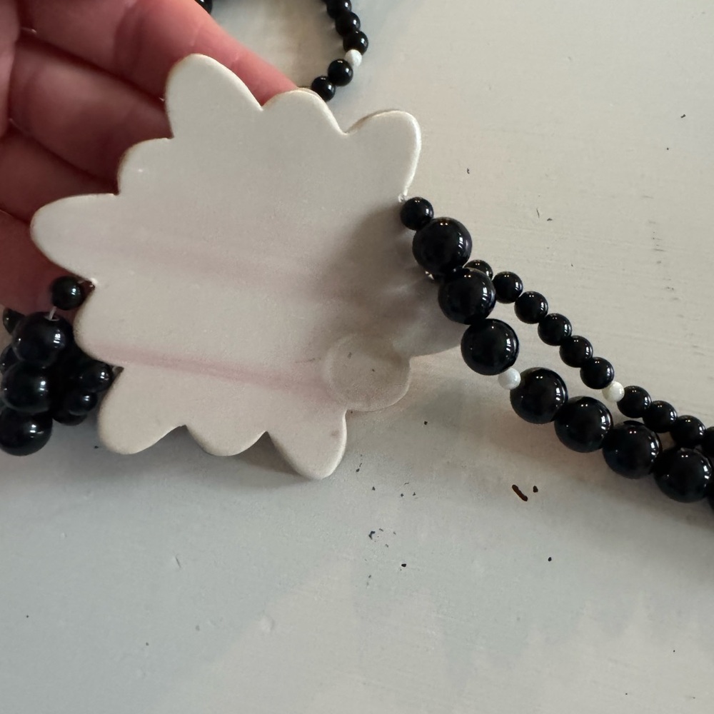 Black Beaded Necklace with White Abalone Flower Accent Black Beads - Picture 3 of 5